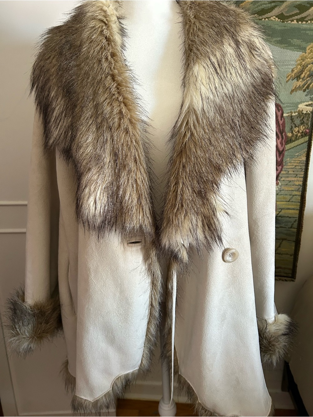 Classic Cream Faux-Shearling Coat with Brown Fur Trim